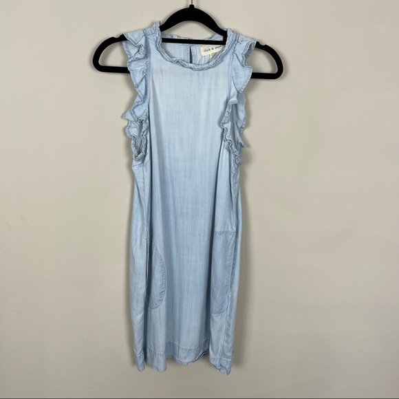 CLOTH & STONE CHAMBRAY MINI DRESS RUFFLE HALTER NECK BLUE SIZE SMALL - Picture 15 of 16